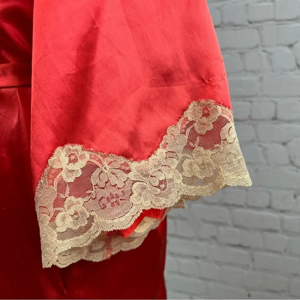 Fredricks of Hollywood Sexy Coral Satin Lace Trimmed Robe with Pockets & Belt